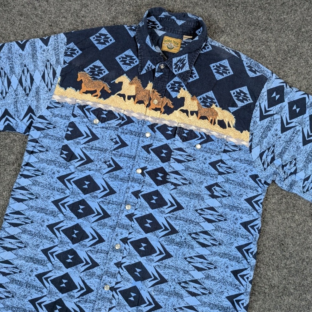 Moda Tech Mens XLT Blue Southwestern Horse Print Pearl Snap Western Shirt